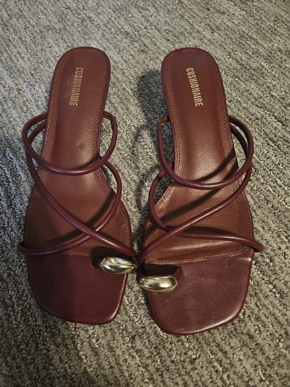 Cushionaire Women's Burgundy Strappy Slide Heels with Gold Accent